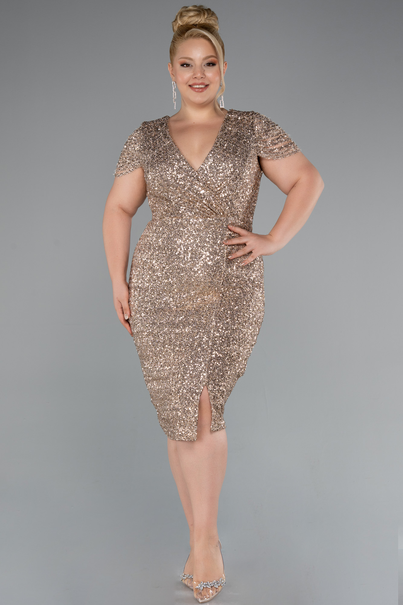 Gold Kruvaze Yaka Midi Pullu Büyük Beden Abiye ABK2419