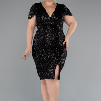 Siyah Kruvaze Yaka Midi Pullu Büyük Beden Abiye ABK2419