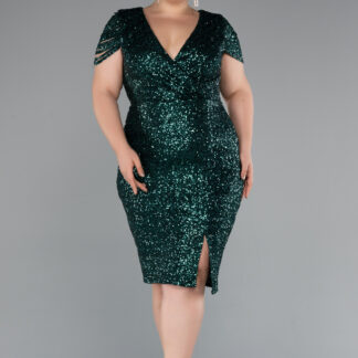 Zümrüt Yeşili Kruvaze Yaka Midi Pullu Büyük Beden Abiye ABK2419