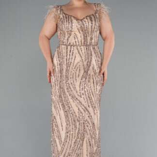 Gold Kısa Kol V Yaka Taşlı Uzun Büyük Beden Abiye ABU5182