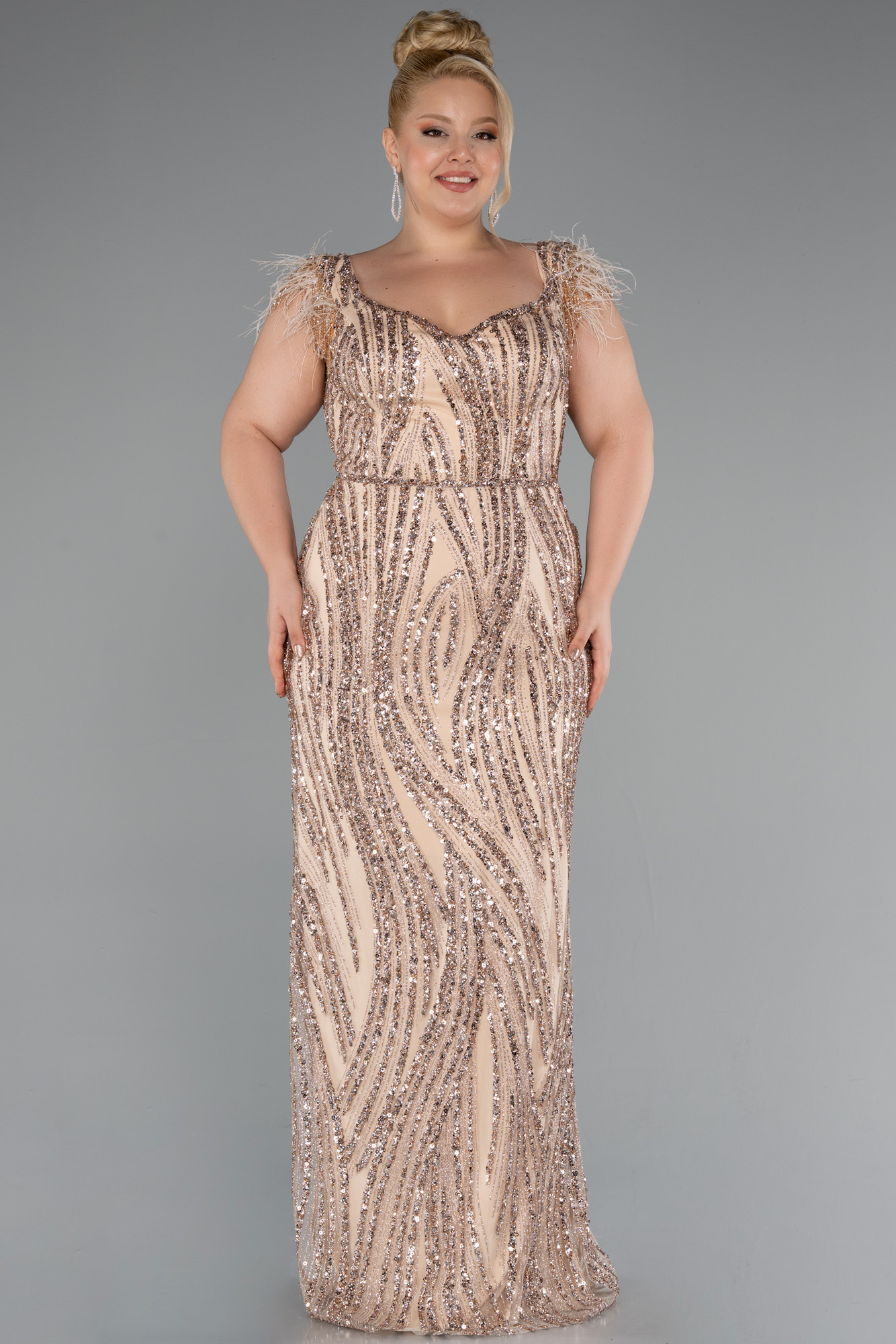 Gold Kısa Kol V Yaka Taşlı Uzun Büyük Beden Abiye ABU5182