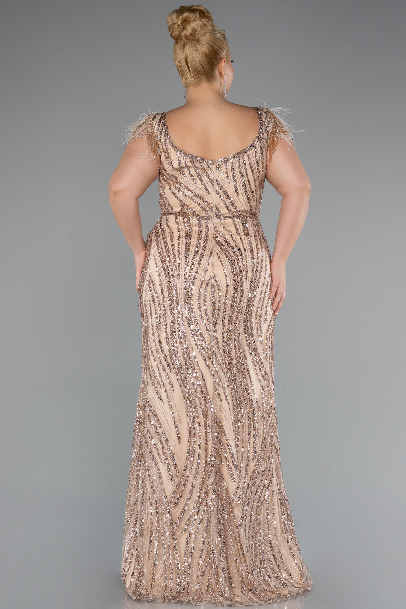 Gold Kısa Kol V Yaka Taşlı Uzun Büyük Beden Abiye ABU5182 - Görsel 2