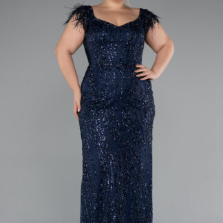 Lacivert Kısa Kol V Yaka Taşlı Uzun Büyük Beden Abiye ABU5182