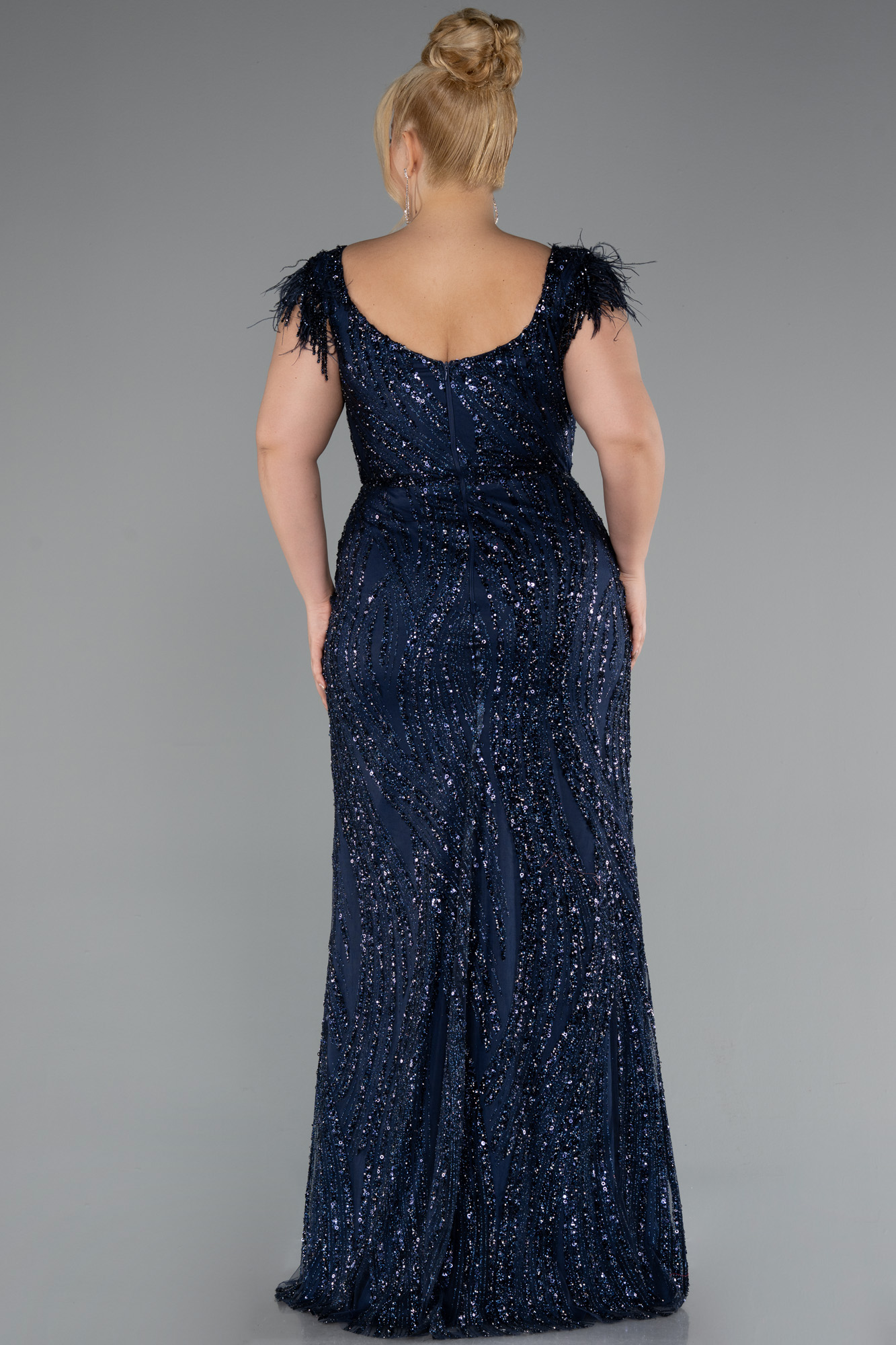 Lacivert Kısa Kol V Yaka Taşlı Uzun Büyük Beden Abiye ABU5182 - Görsel 2