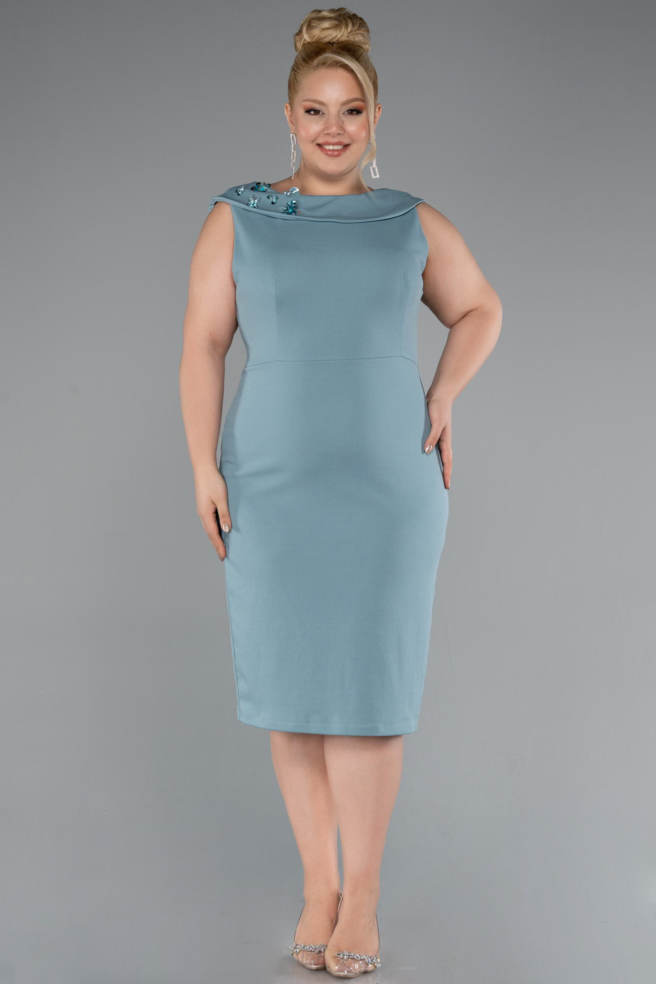 Mint Kolsuz Midi Büyük Beden Davet Elbisesi ABK2422