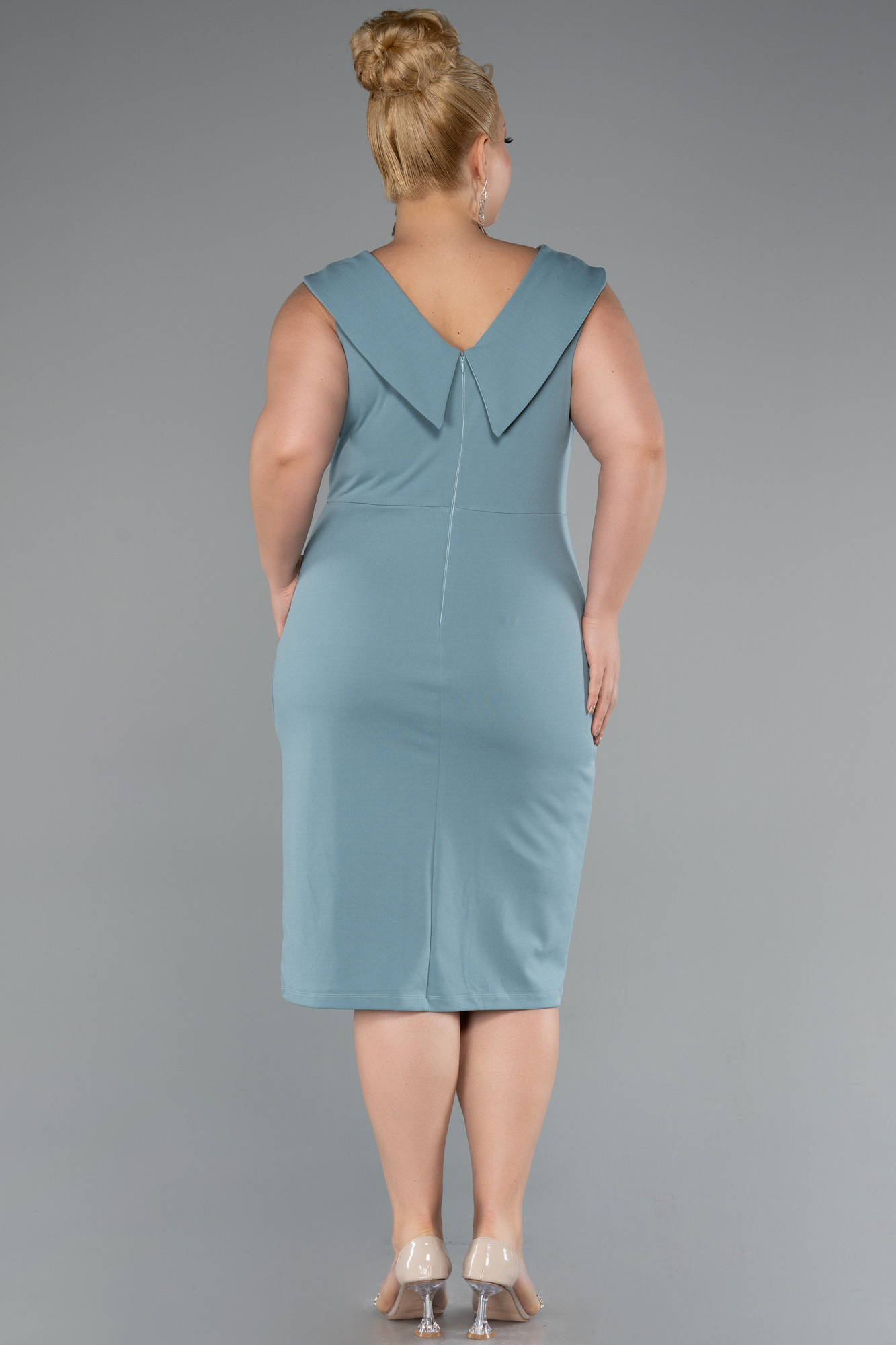 Mint Kolsuz Midi Büyük Beden Davet Elbisesi ABK2422 - Görsel 2