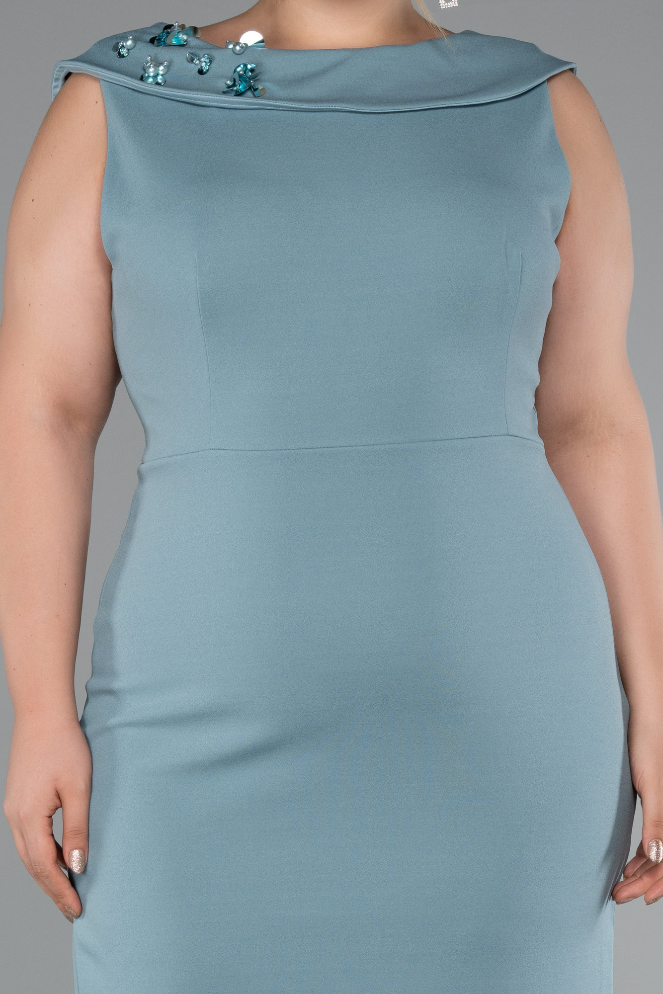 Mint Kolsuz Midi Büyük Beden Davet Elbisesi ABK2422 - Görsel 3