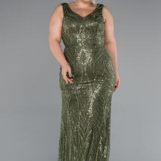 Haki Kolsuz Boncuklu Uzun Büyük Beden Abiye ABU5188