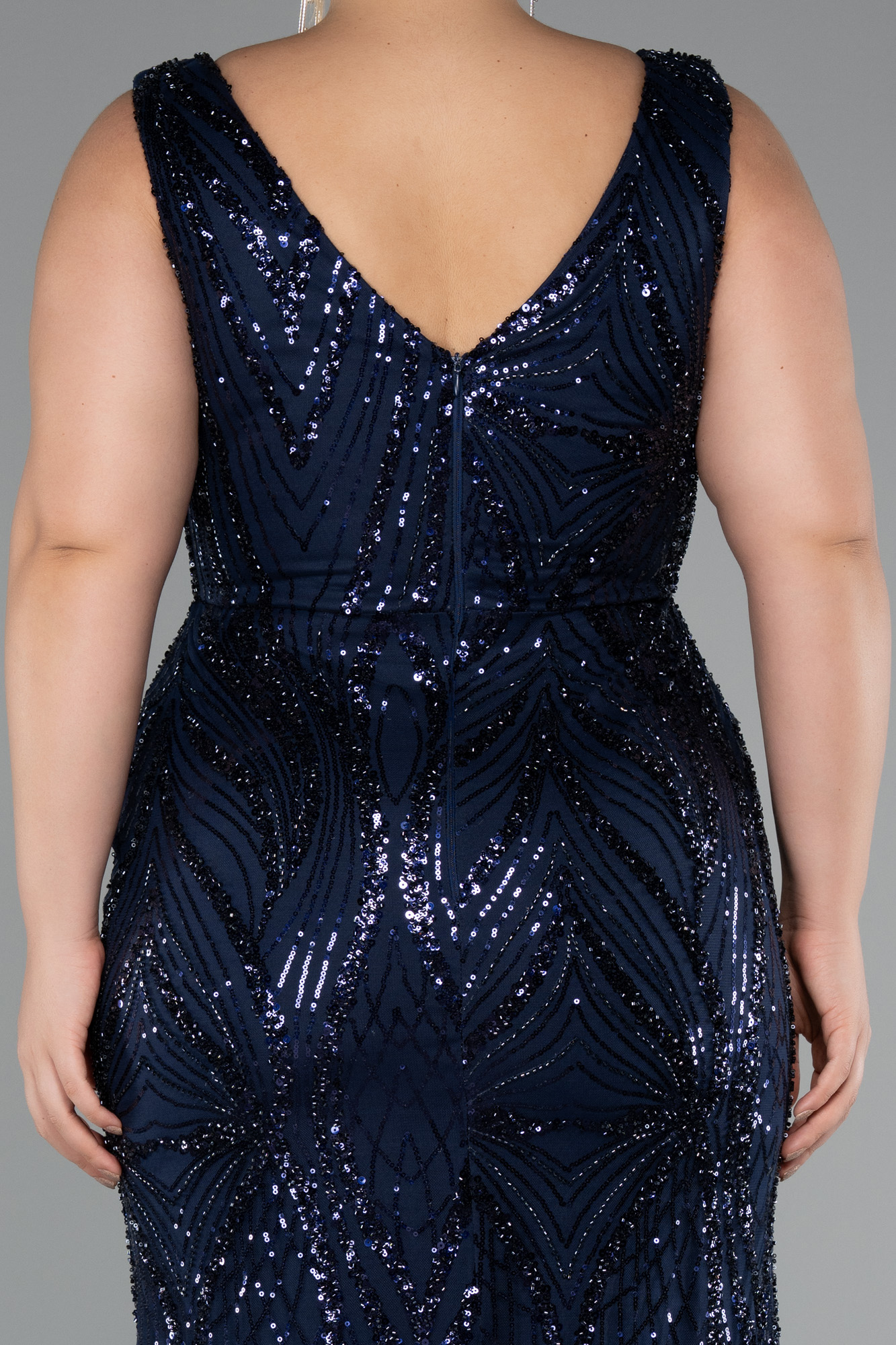 Lacivert Kolsuz Boncuklu Uzun Büyük Beden Abiye ABU5188 - Görsel 5