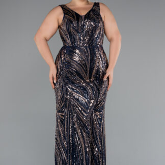 Lacivert Kolsuz Boncuklu Uzun Büyük Beden Abiye ABU5189