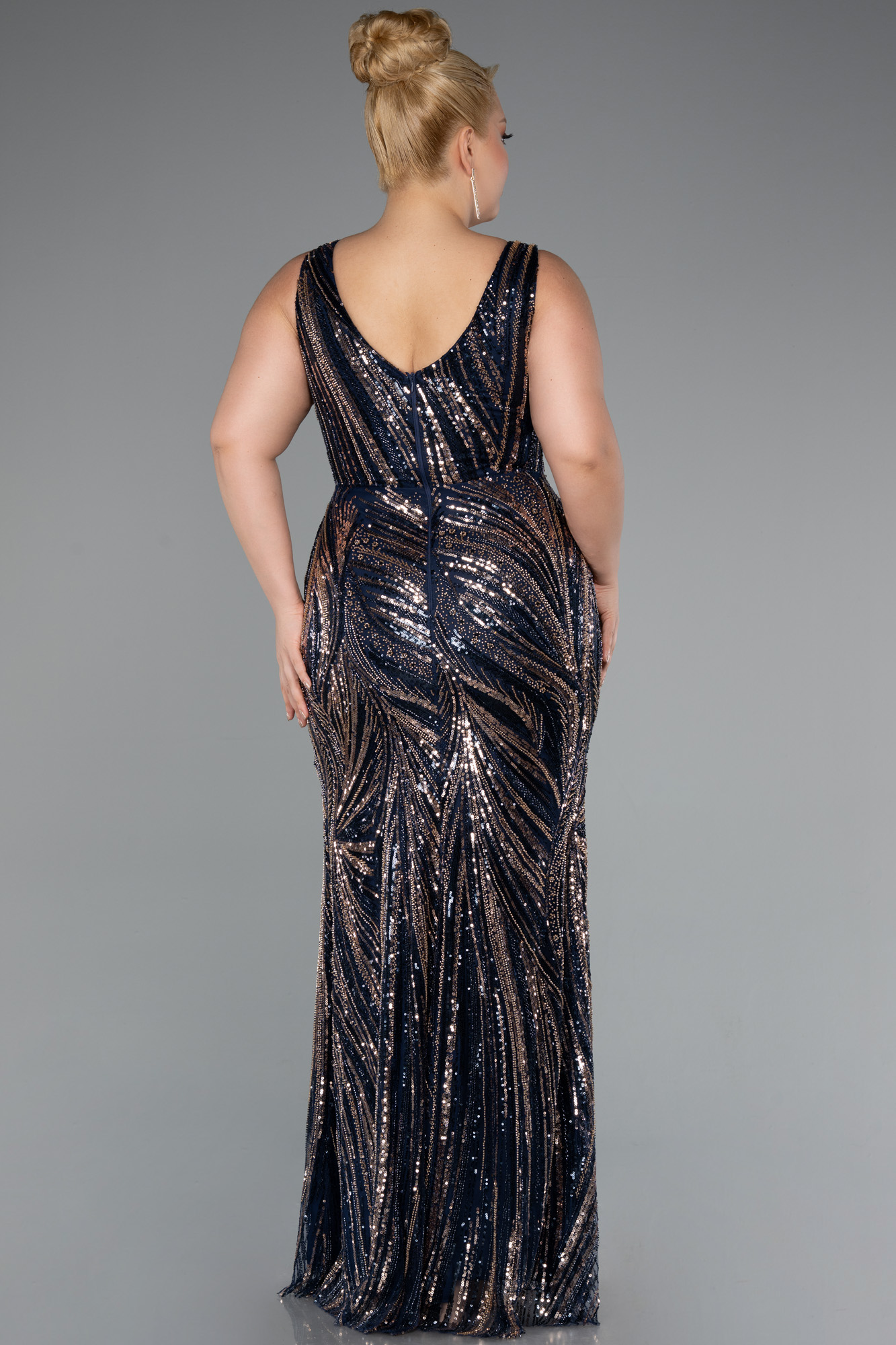 Lacivert Kolsuz Boncuklu Uzun Büyük Beden Abiye ABU5189 - Görsel 2