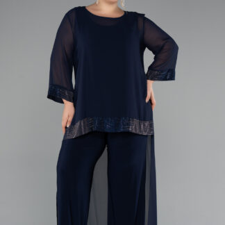 Lacivert Kapri Kol Şifon Büyük Beden Abiye Tulum ABT083