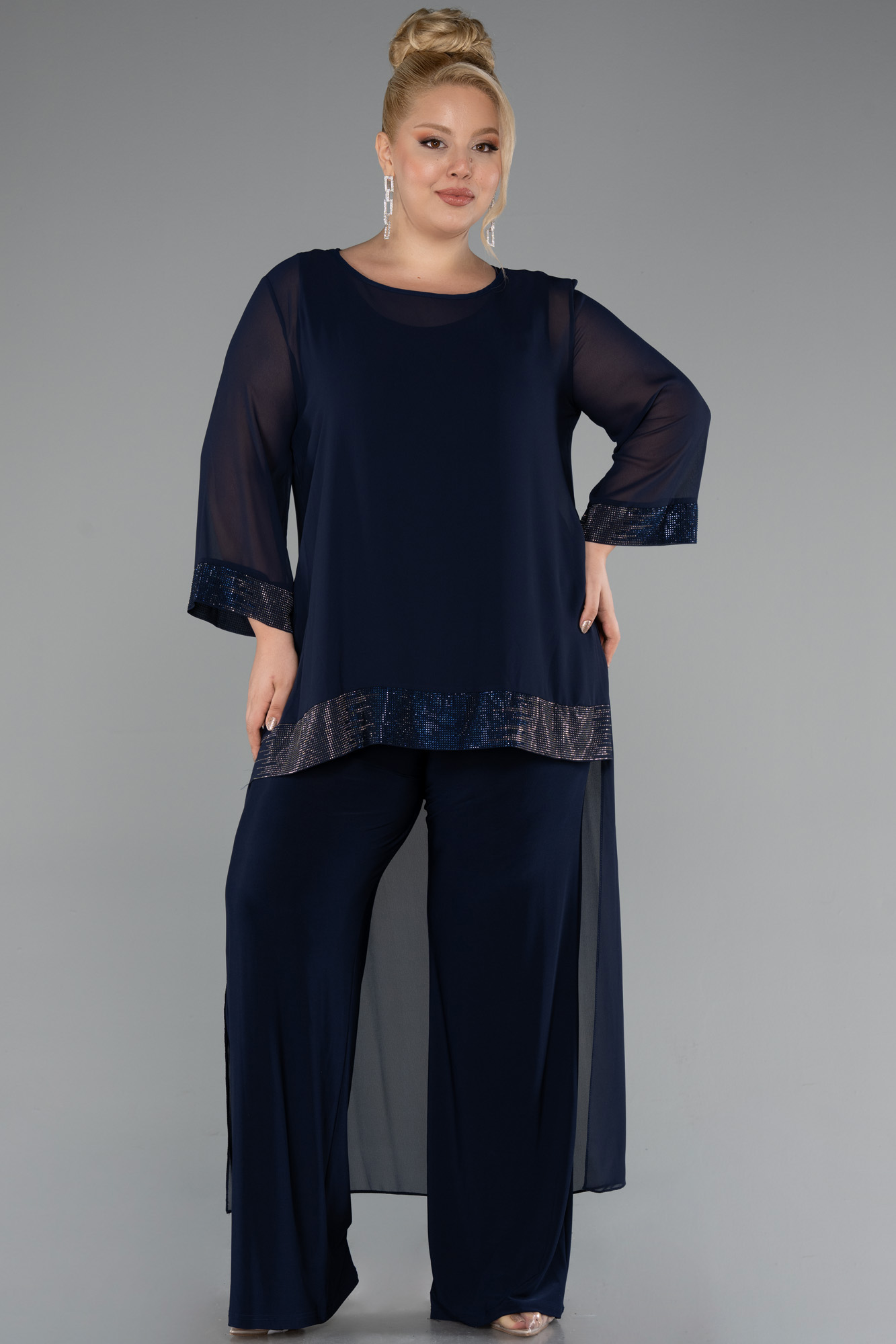 Lacivert Kapri Kol Şifon Büyük Beden Abiye Tulum ABT083