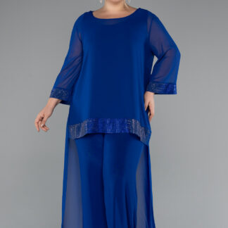 Saks Mavi Kapri Kol Şifon Büyük Beden Abiye Tulum ABT083