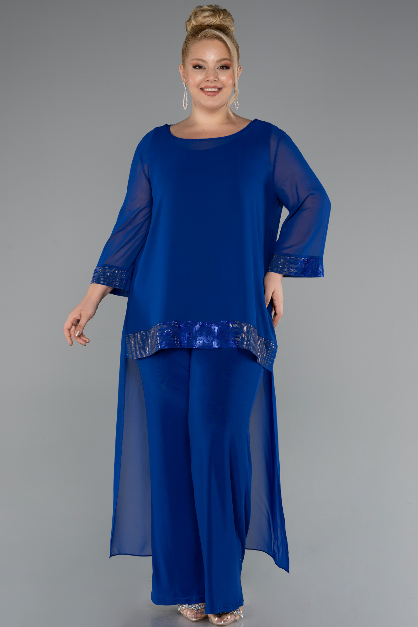 Saks Mavi Kapri Kol Şifon Büyük Beden Abiye Tulum ABT083