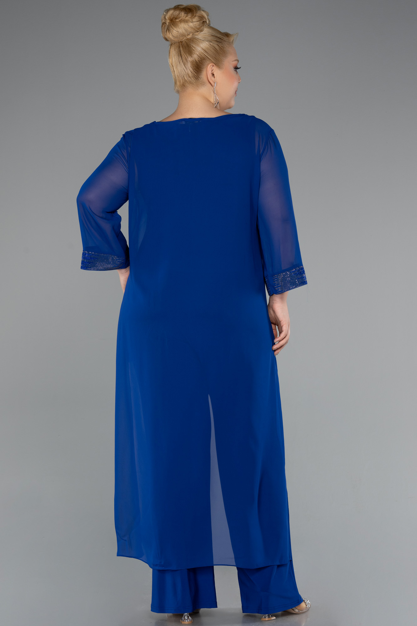 Saks Mavi Kapri Kol Şifon Büyük Beden Abiye Tulum ABT083 - Görsel 2