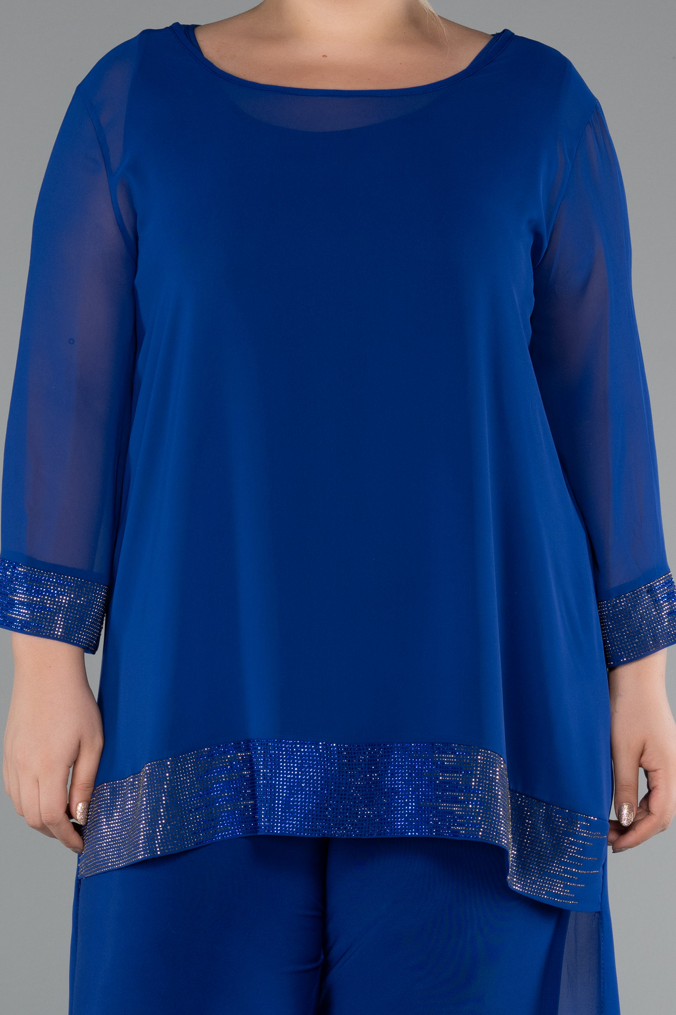 Saks Mavi Kapri Kol Şifon Büyük Beden Abiye Tulum ABT083 - Görsel 3