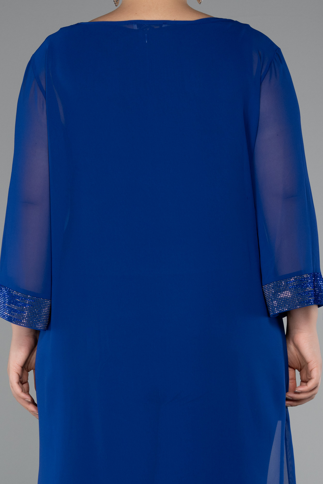 Saks Mavi Kapri Kol Şifon Büyük Beden Abiye Tulum ABT083 - Görsel 4