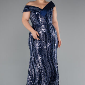 Lacivert Kayık Yaka Boncuklu Uzun Büyük Beden Abiye ABU5191