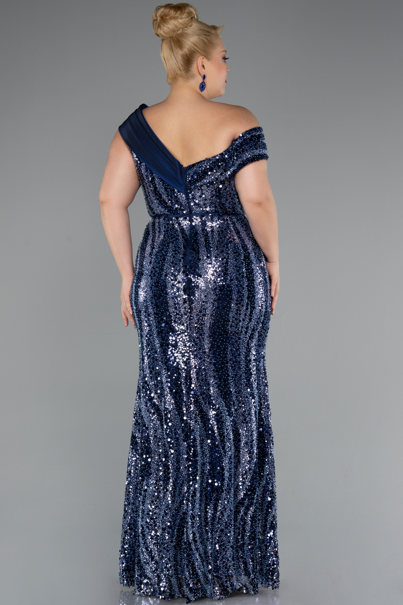 Lacivert Kayık Yaka Boncuklu Uzun Büyük Beden Abiye ABU5191 - Görsel 2