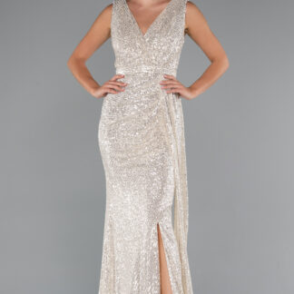 Bej Kolsuz Kruvaze Yaka Uzun Pullu Abiye ABU3201