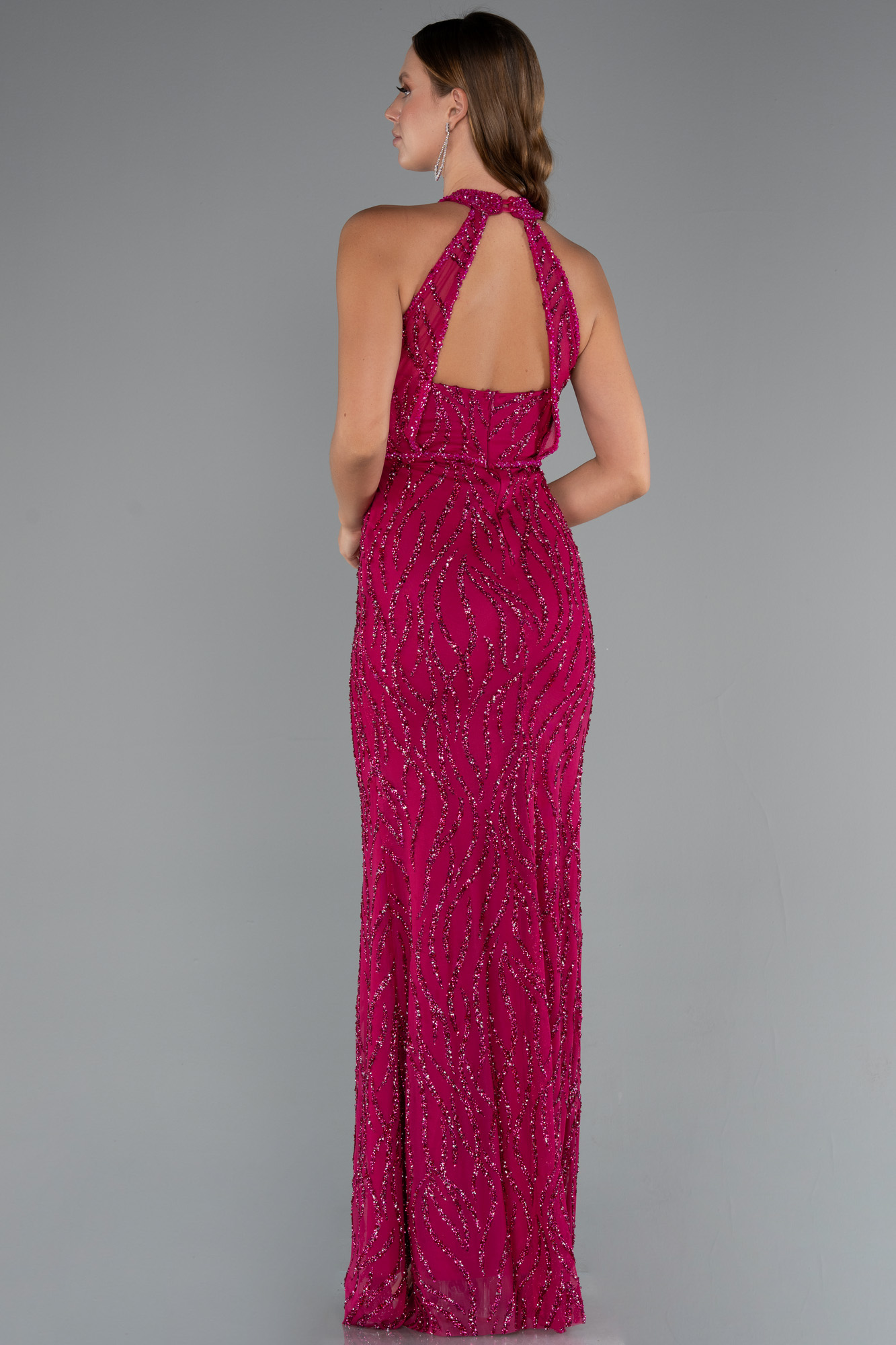 Fuşya Halter Yaka Bacak Dekolteli Uzun Simli Abiye ABU5213 - Görsel 3