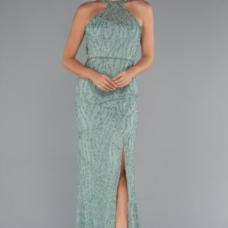 Mint Halter Yaka Bacak Dekolteli Uzun Simli Abiye ABU5213