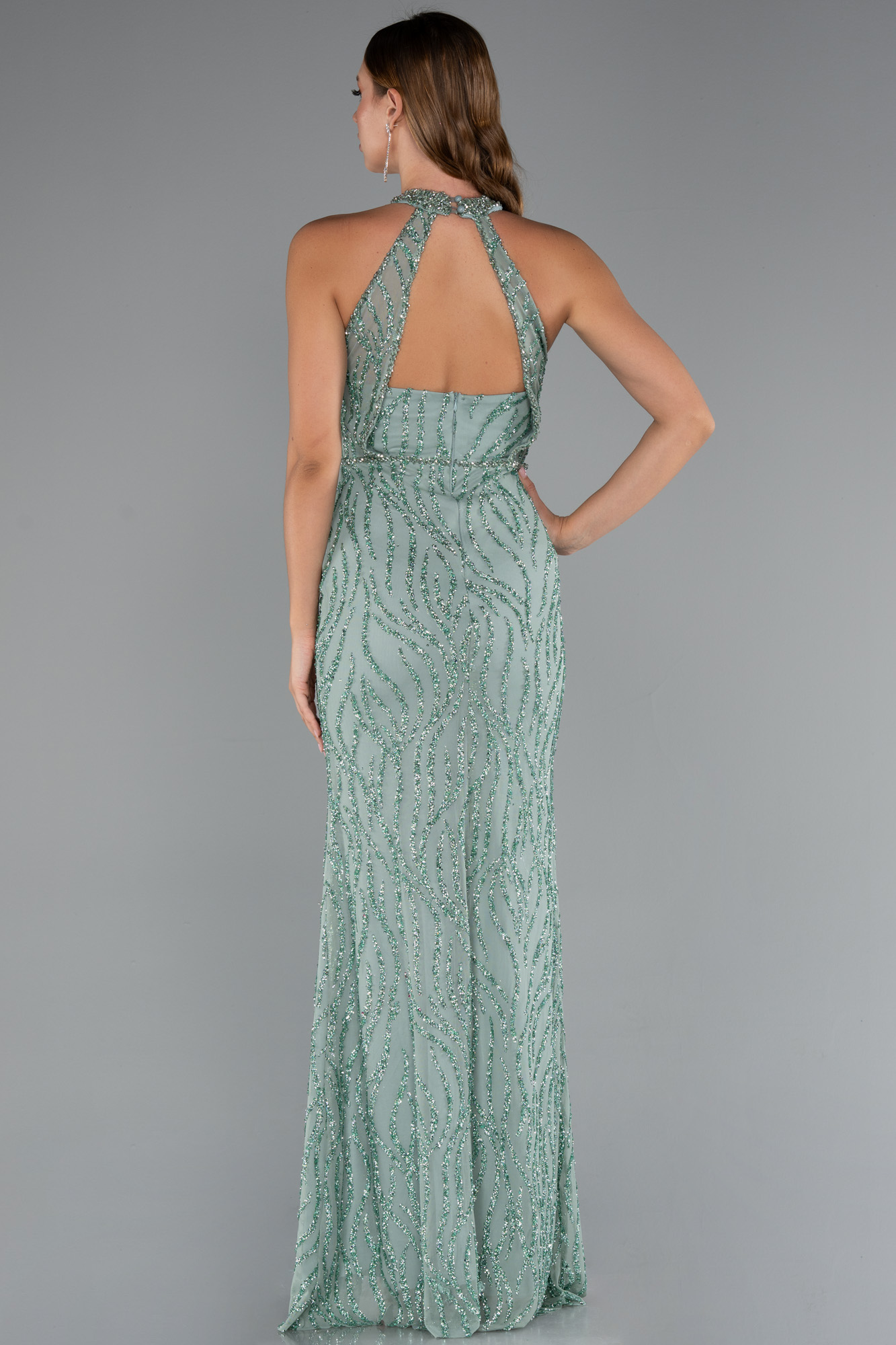 Mint Halter Yaka Bacak Dekolteli Uzun Simli Abiye ABU5213 - Görsel 2