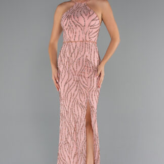 Pudra Halter Yaka Bacak Dekolteli Uzun Simli Abiye ABU5213