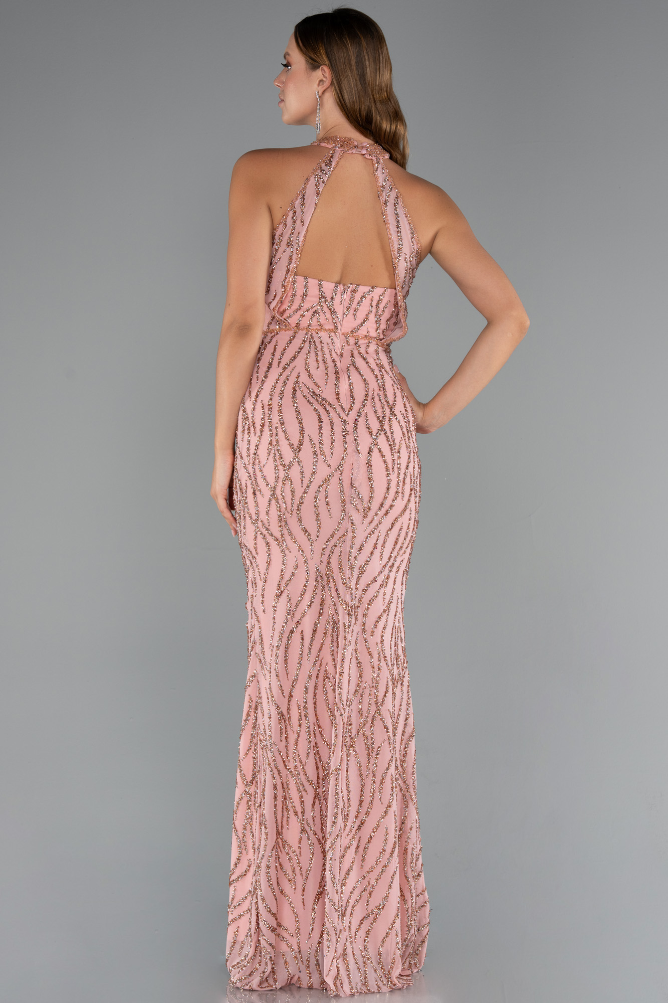 Pudra Halter Yaka Bacak Dekolteli Uzun Simli Abiye ABU5213 - Görsel 2