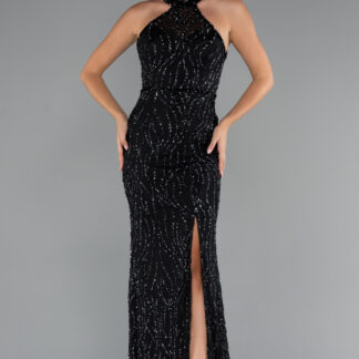 Siyah Halter Yaka Bacak Dekolteli Uzun Simli Abiye ABU5213