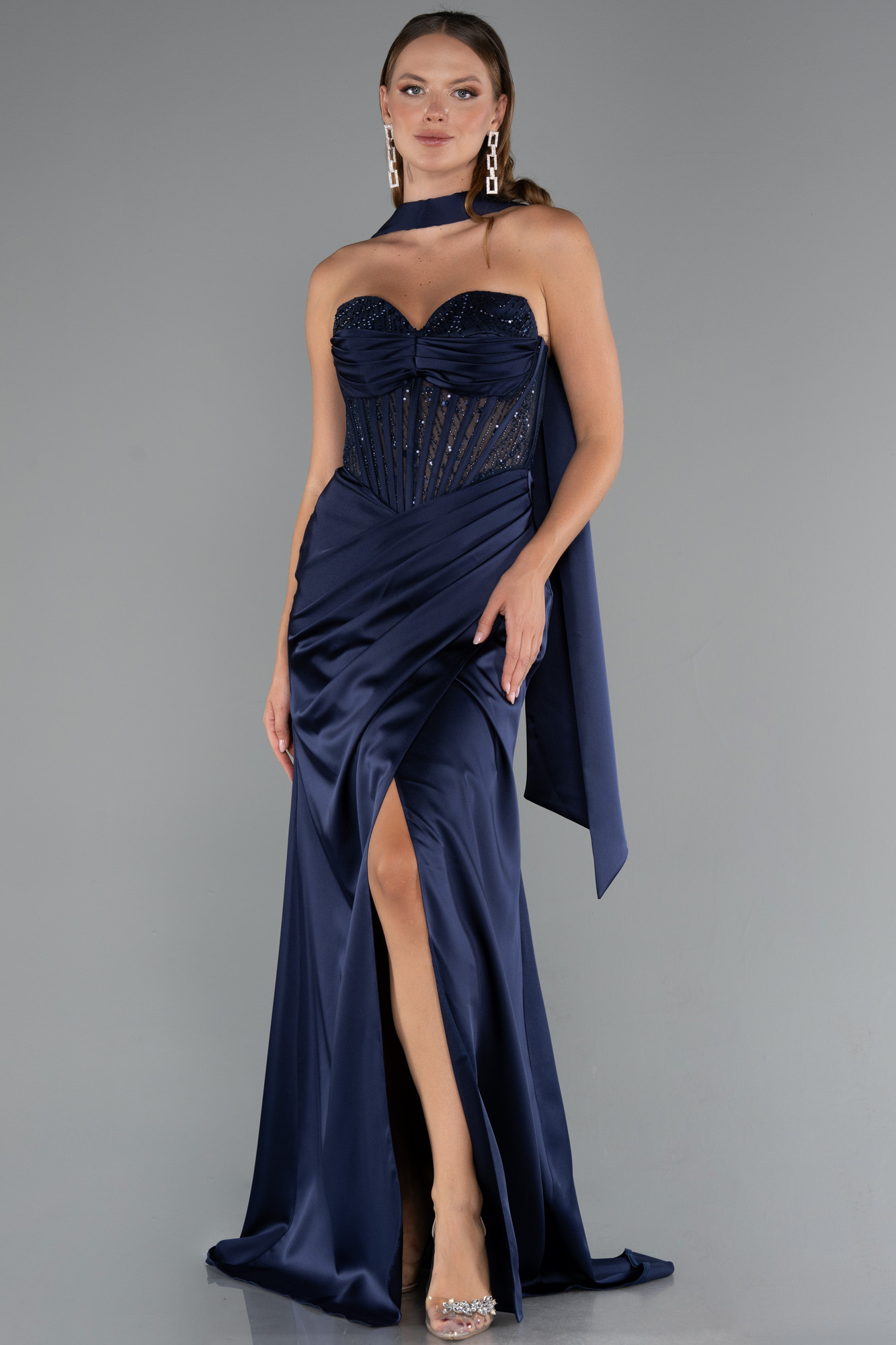 Ekru Straplez Balen Korse Yırtmaçlı Uzun Saten Abiye ABU5214 - Görsel 5