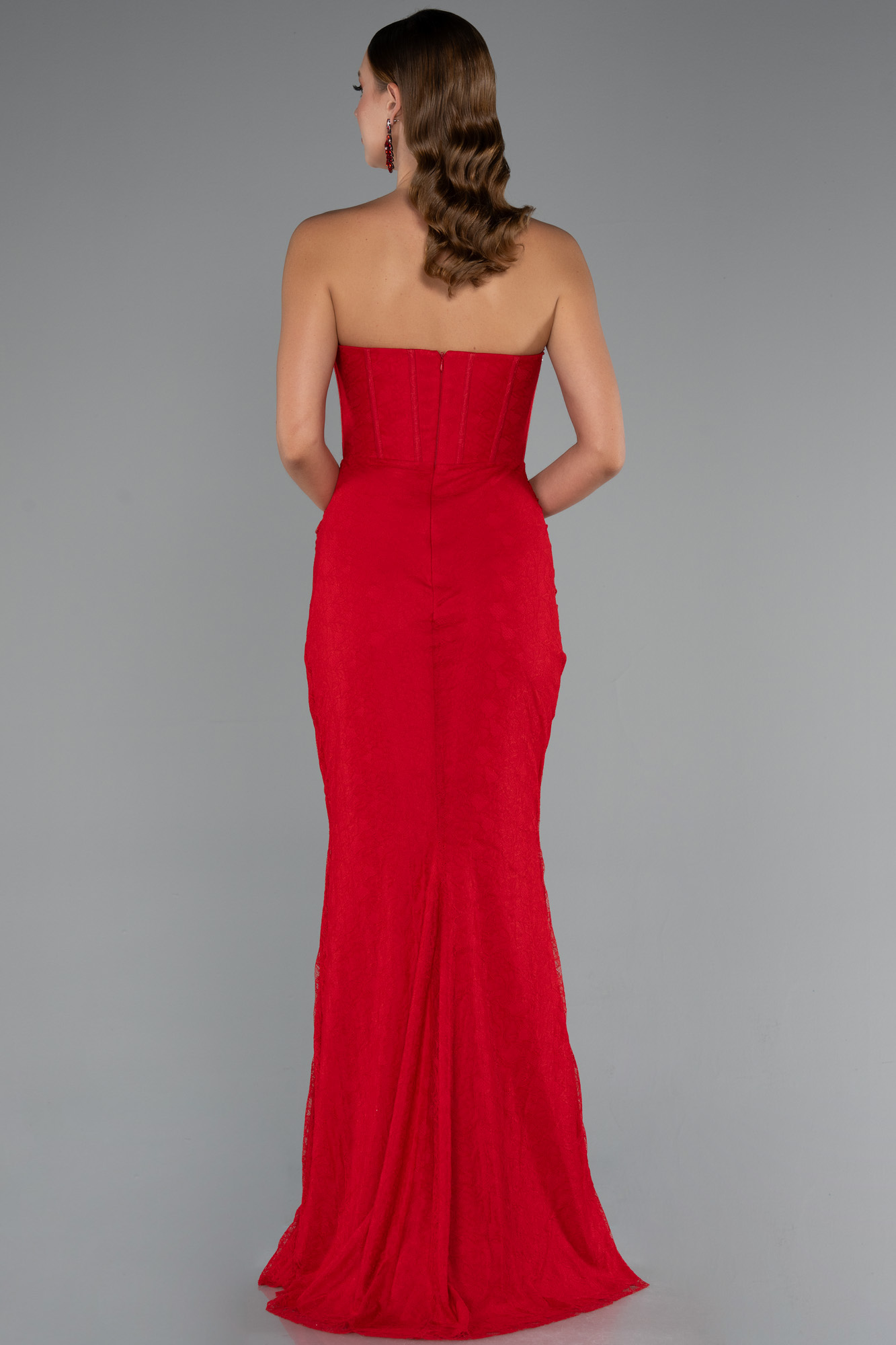 Kırmızı Taşlı Straplez Eldivenli Uzun Dantel Balık Abiye ABU5215 - Görsel 3