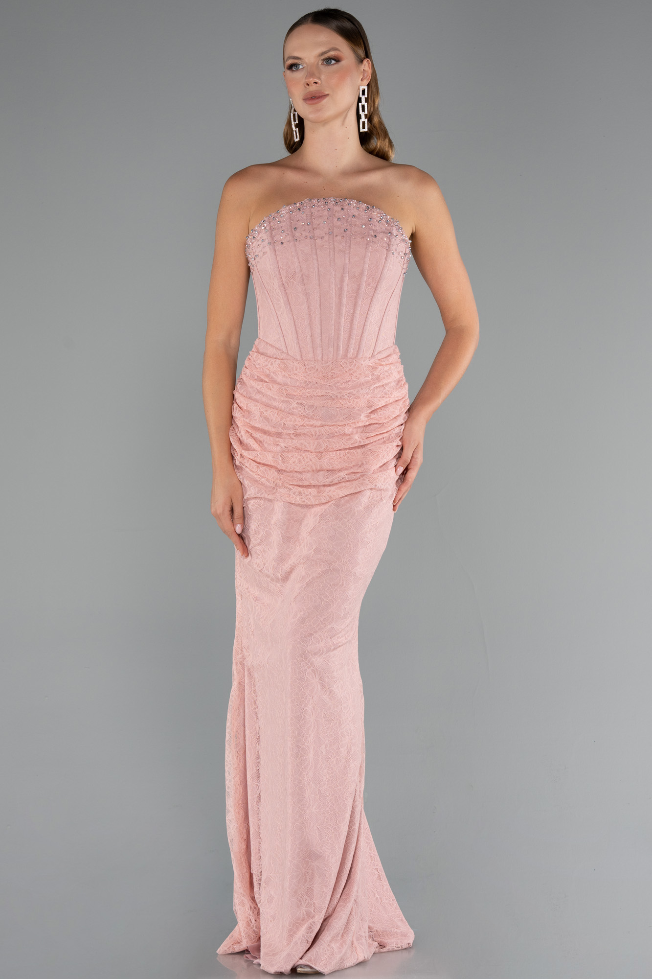 Pudra Taşlı Straplez Eldivenli Uzun Dantel Balık Abiye ABU5215 - Görsel 2