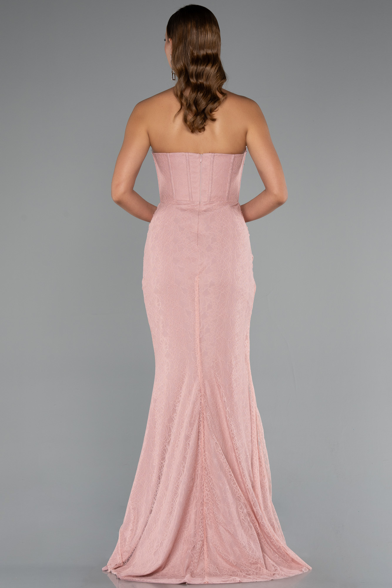 Pudra Taşlı Straplez Eldivenli Uzun Dantel Balık Abiye ABU5215 - Görsel 4