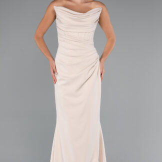 Bej Straplez Balen Korse Şallı Uzun Abiye Elbise ABU5216