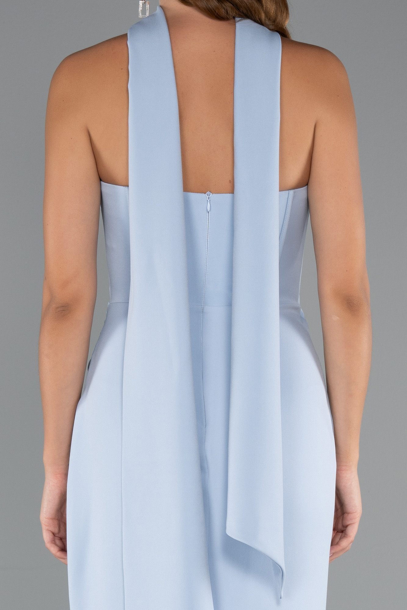 Buz Mavisi Straplez Balen Korse Şallı Uzun Abiye Elbise ABU5216 - Görsel 4