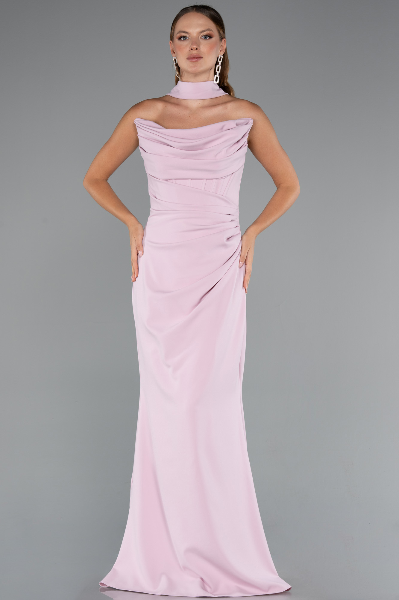 Pudra Straplez Balen Korse Şallı Uzun Abiye Elbise ABU5216