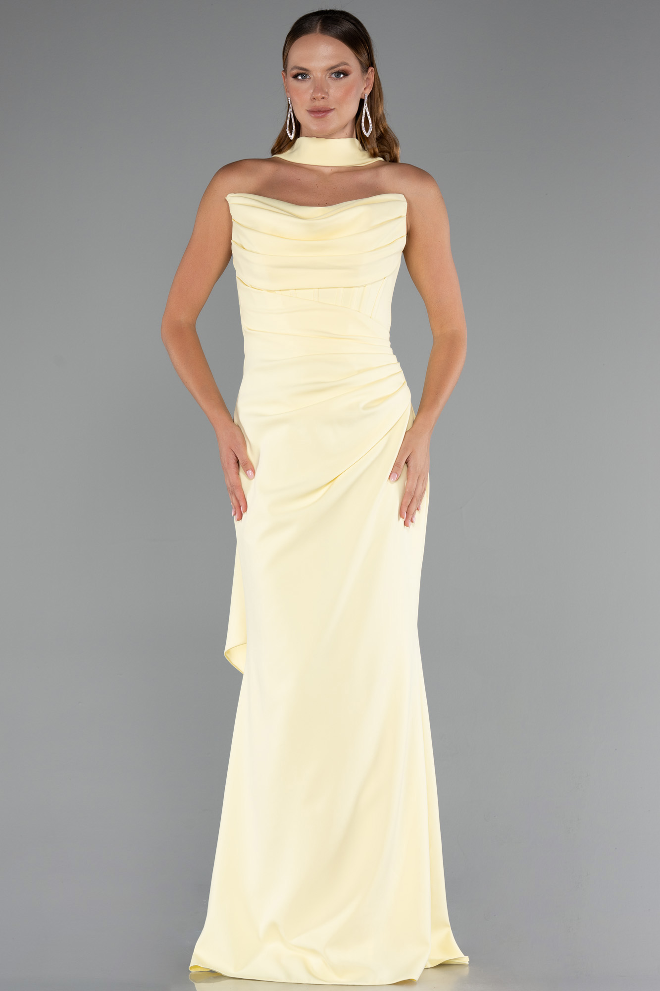 Bej Straplez Balen Korse Şallı Uzun Abiye Elbise ABU5216 - Görsel 5