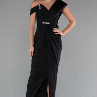 Siyah Tek Omuz Yırtmaçlı Midi Davet Elbisesi ABK2423