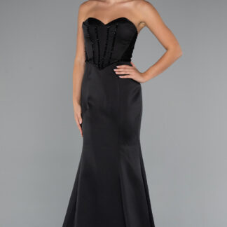 Siyah Straplez Taş İşleme Uzun Saten Abiye Elbise ABU5219