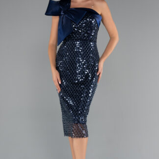 Lacivert Tek Omuz Boncuklu Midi Gece Elbisesi ABK2424