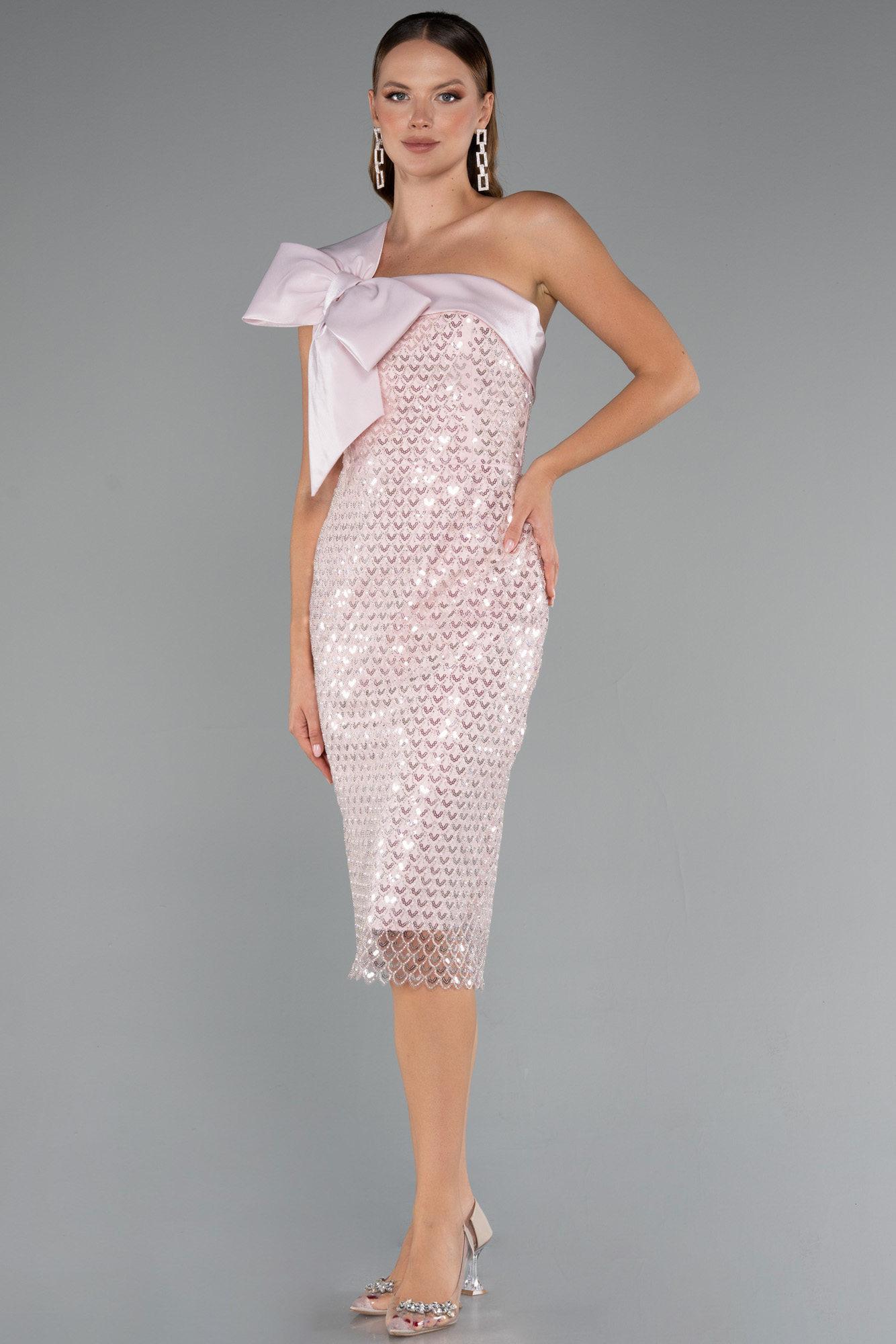 Pudra Tek Omuz Boncuklu Midi Gece Elbisesi ABK2424 - Görsel 2