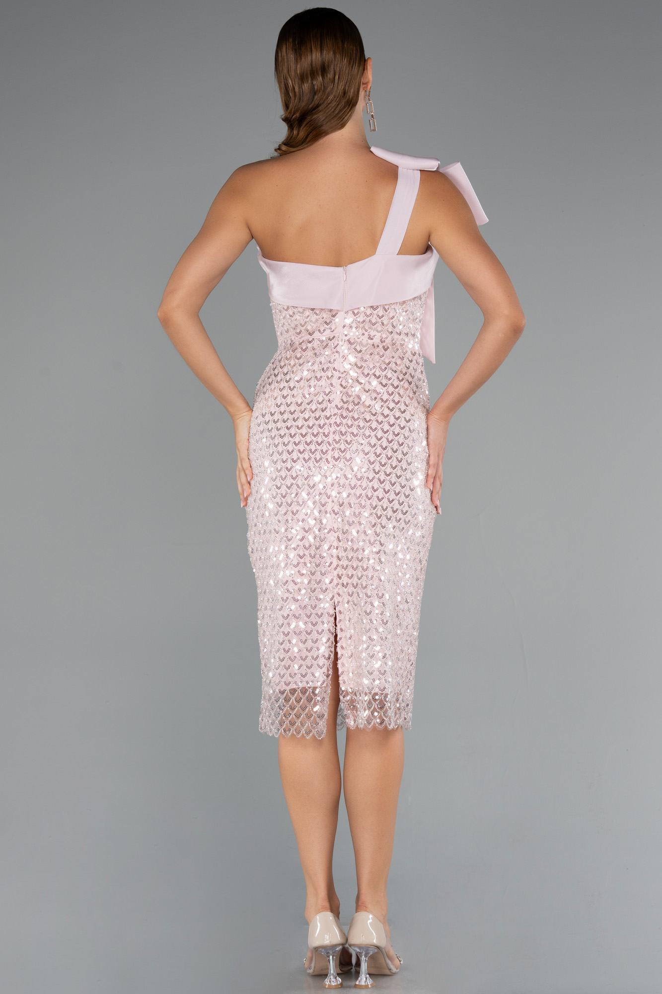 Pudra Tek Omuz Boncuklu Midi Gece Elbisesi ABK2424 - Görsel 3