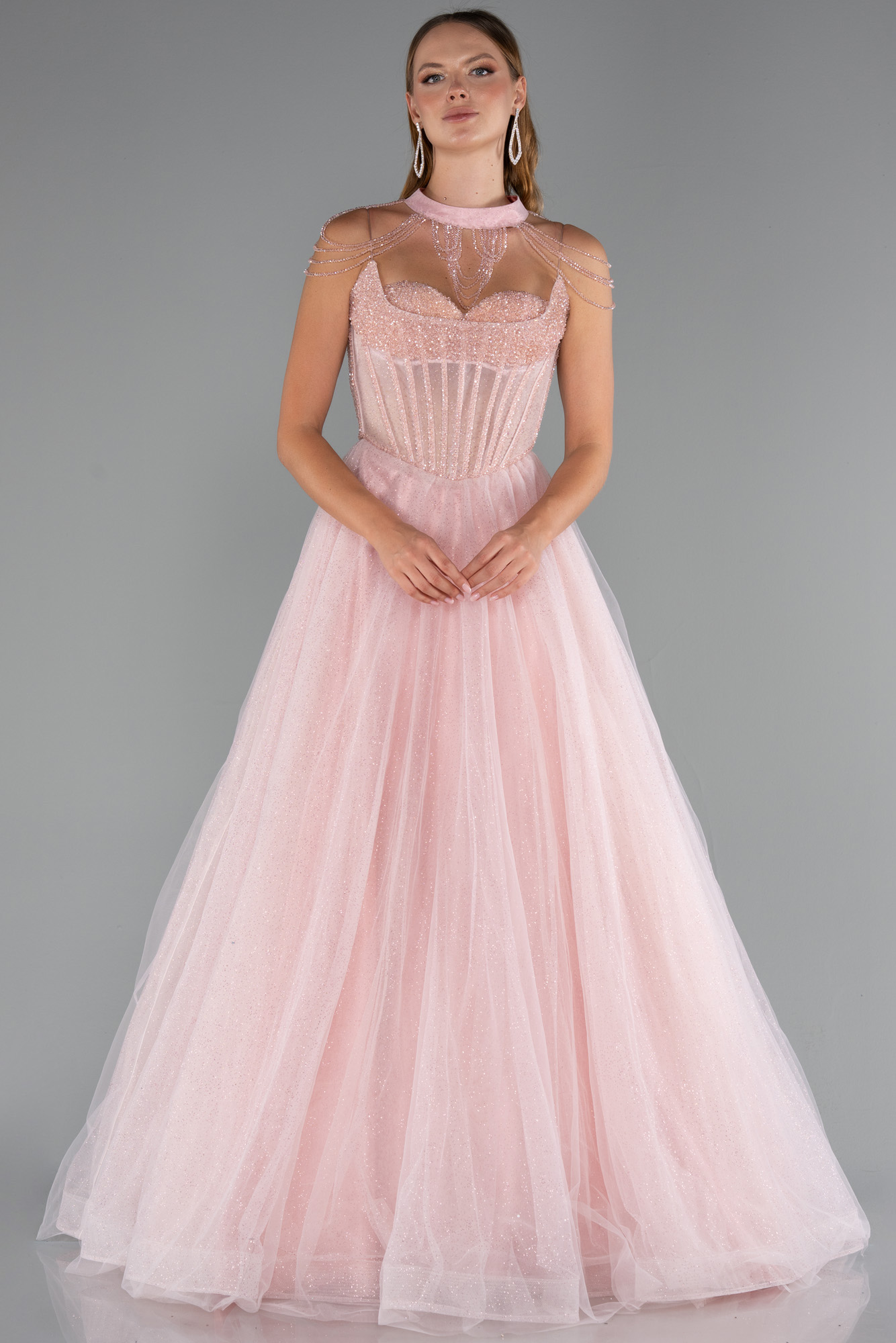 Pudra Taşlı Yaka Aksesuarlı Uzun Simli Nişanlık ABU5220