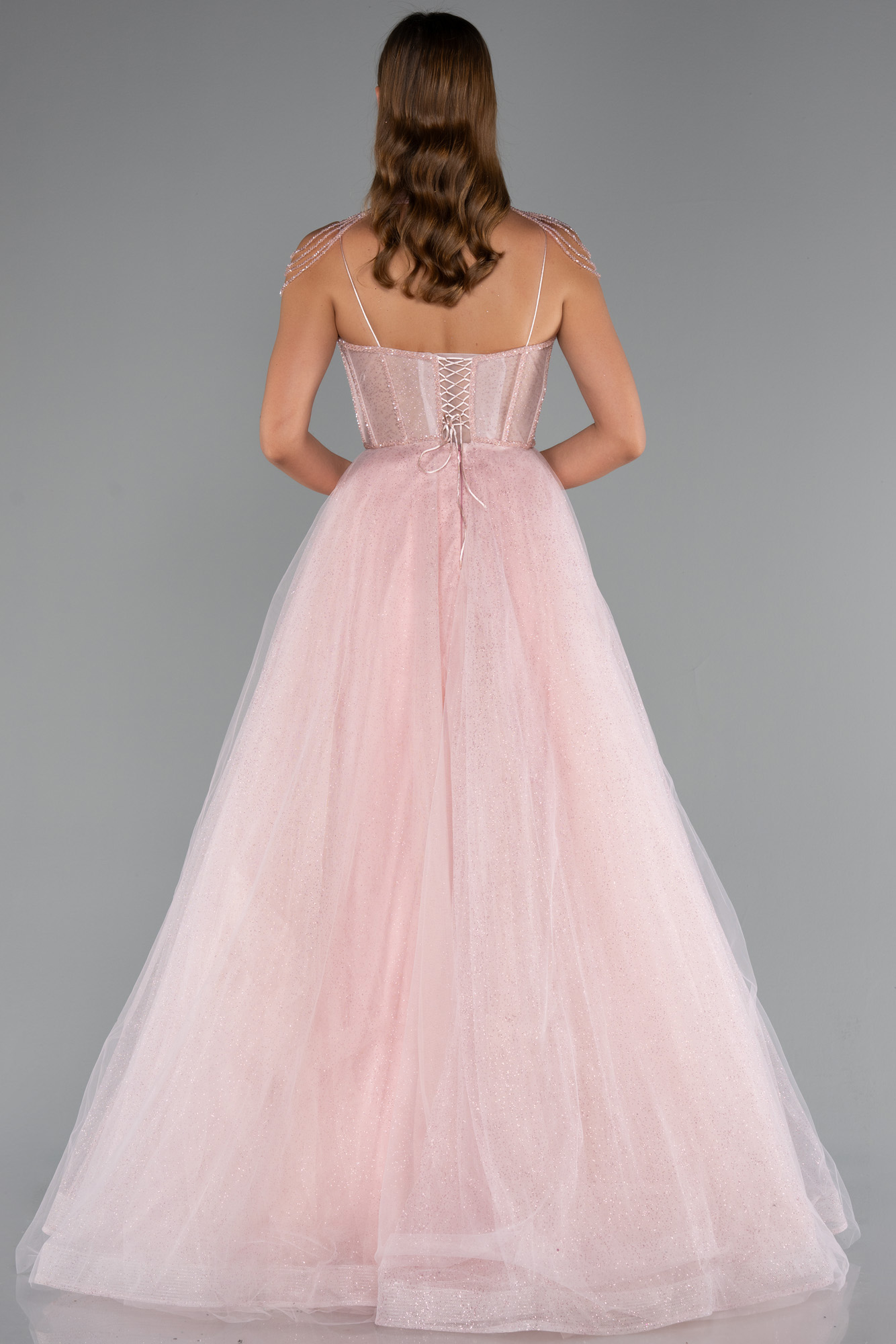 Pudra Taşlı Yaka Aksesuarlı Uzun Simli Nişanlık ABU5220 - Görsel 2