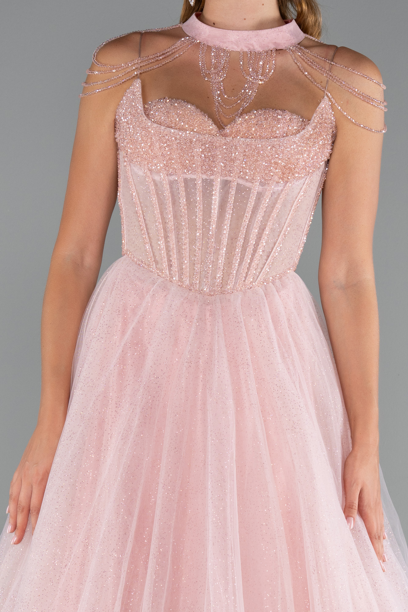 Pudra Taşlı Yaka Aksesuarlı Uzun Simli Nişanlık ABU5220 - Görsel 3