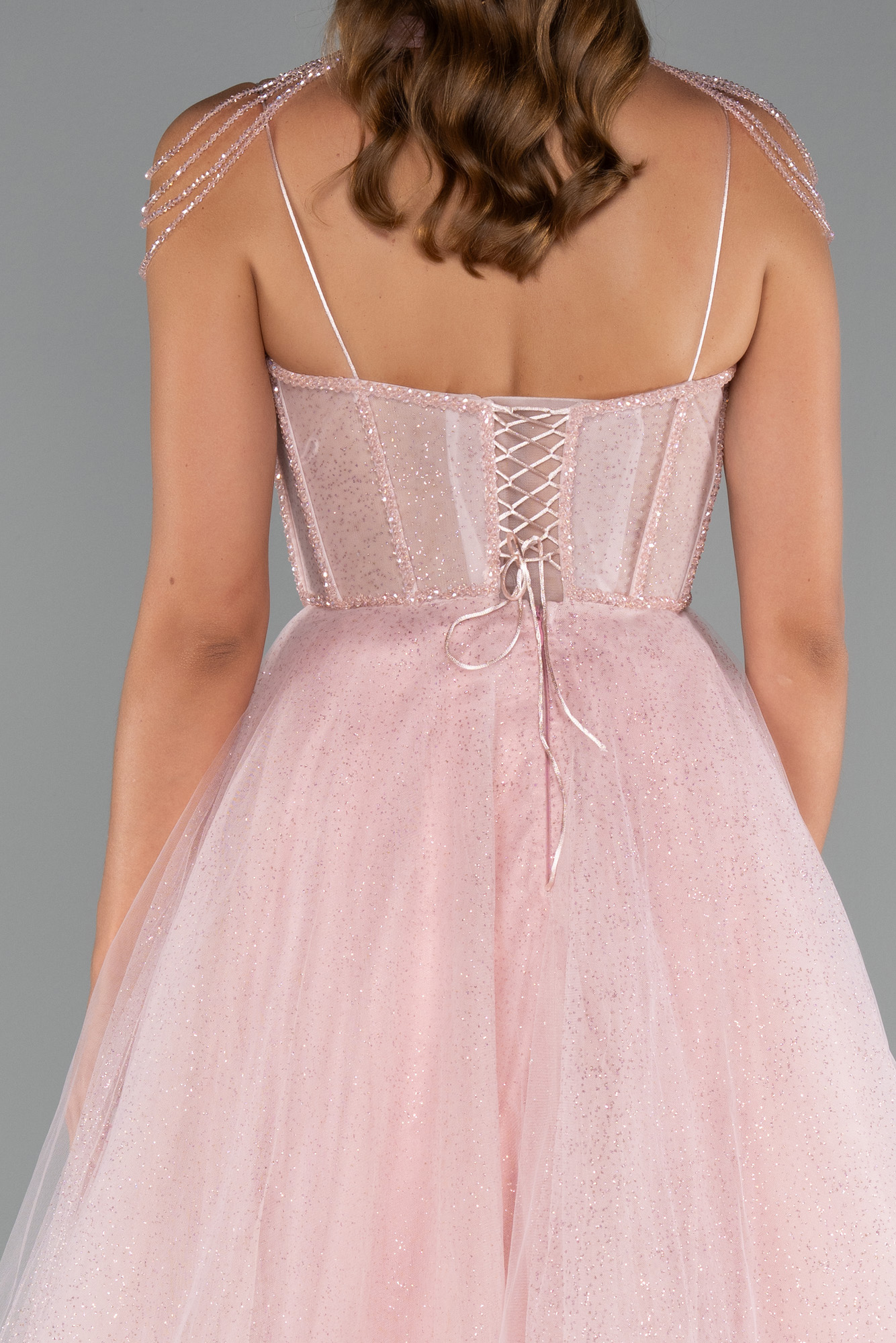 Pudra Taşlı Yaka Aksesuarlı Uzun Simli Nişanlık ABU5220 - Görsel 4