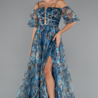 Petrol Yeşili Yırtmaçlı Balon Kol Uzun Desenli Abiye ABU5221