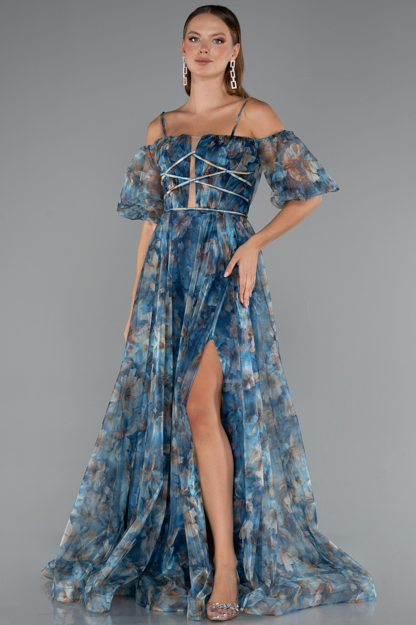 Petrol Yeşili Yırtmaçlı Balon Kol Uzun Desenli Abiye ABU5221